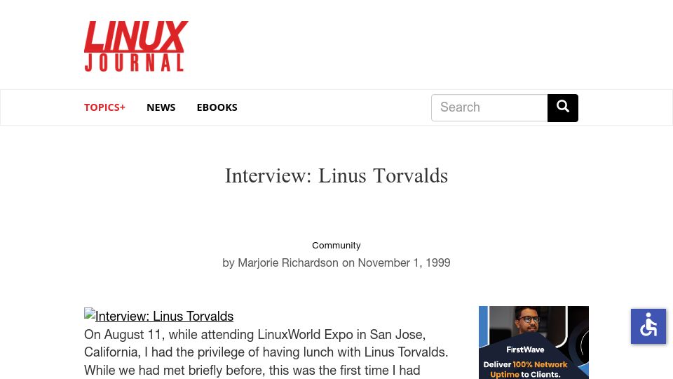 Screenshot of linuxjournal.com: Interview: Linus Torvalds (1999)