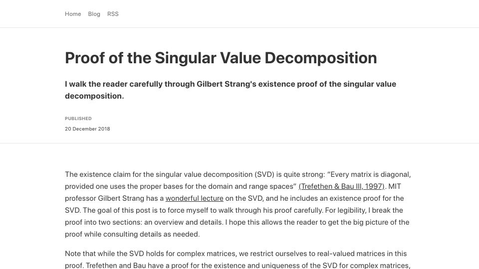 Screenshot of gregorygundersen.com: Proof of the Singular Value Decomposition