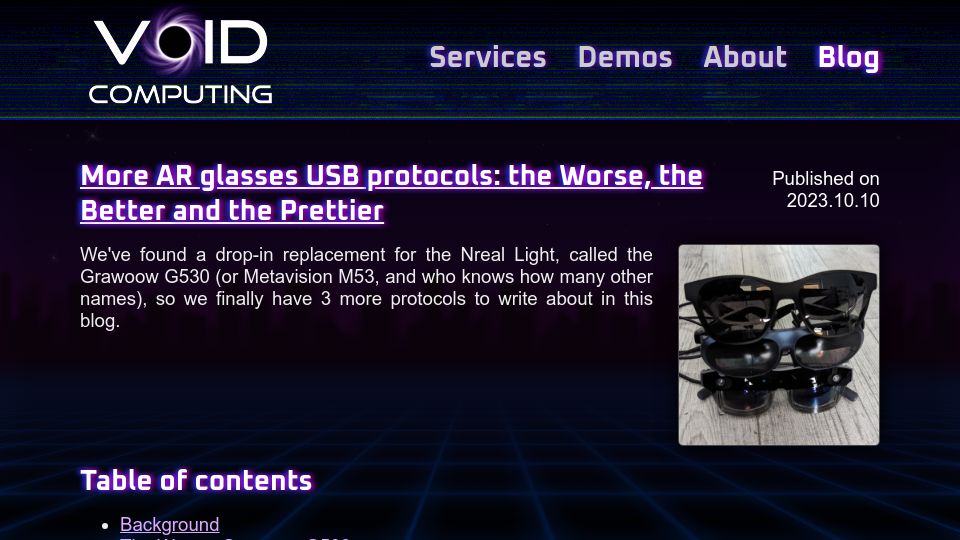 Screenshot of voidcomputing.hu: More AR Glasses USB Protocols: The Worse, the Better and the Prettier
