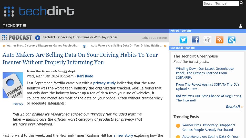 Screenshot of techdirt.com: Auto Makers Are Selling Data on Your Driving Habits to Your Insurer