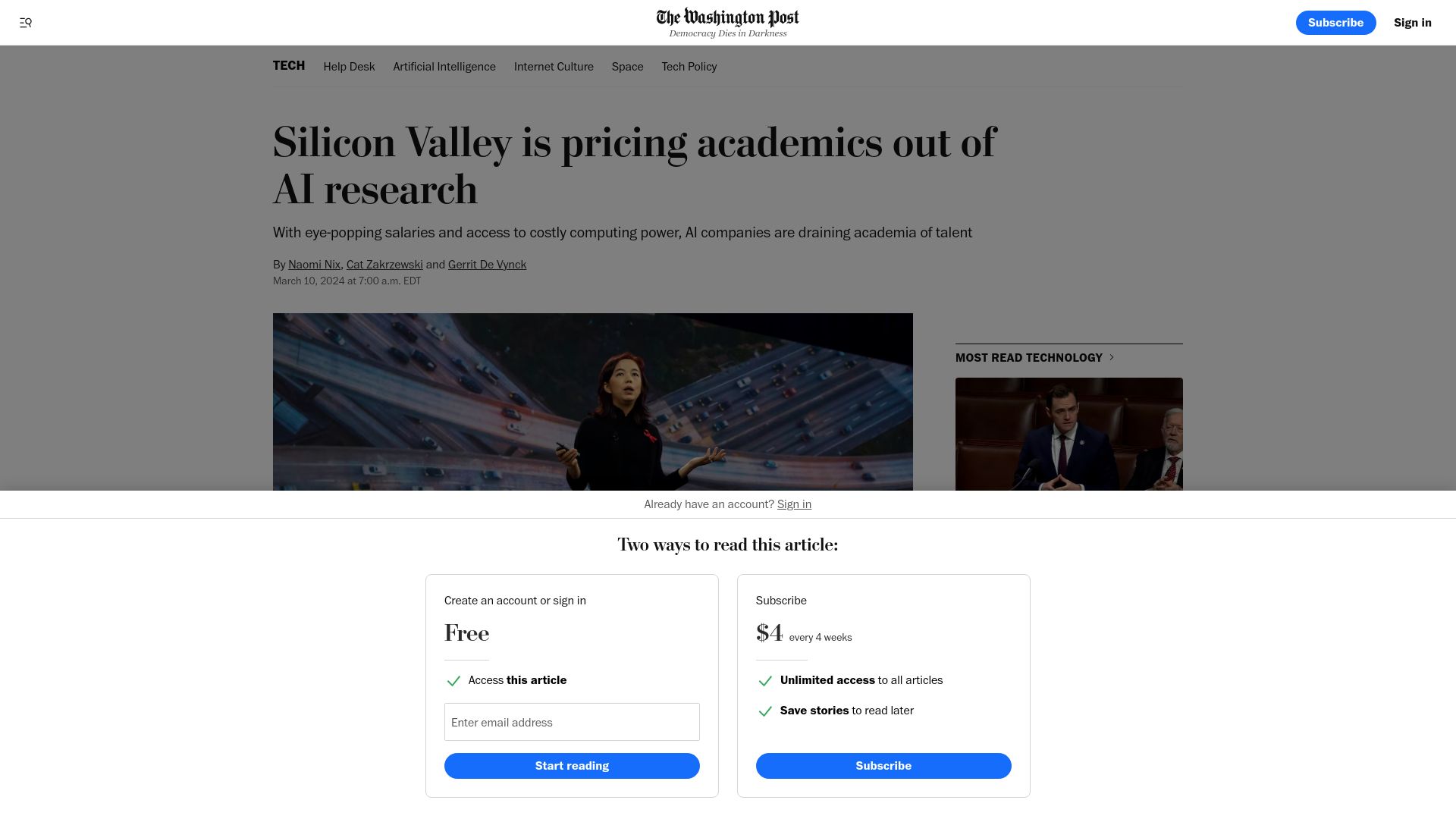Screenshot of washingtonpost.com: Silicon Valley is pricing academics out of AI research