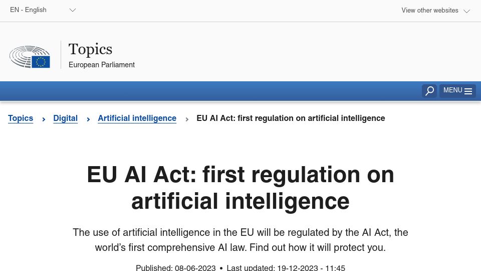 Screenshot of europarl.europa.eu: Artificial Intelligence Act: MEPs adopt law