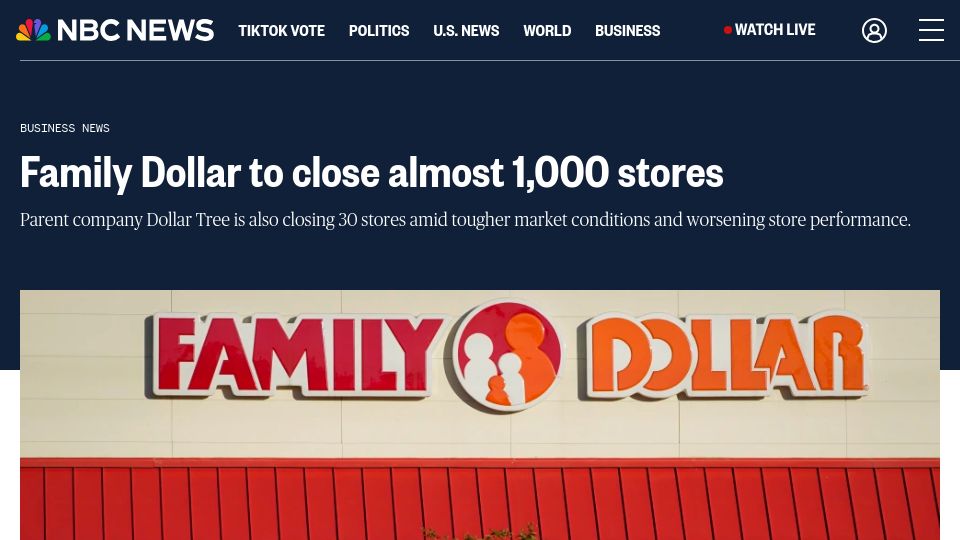 Screenshot of nbcnews.com: Family Dollar to close almost 1,000 stores