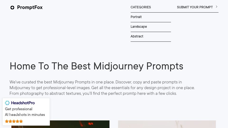 Screenshot of promptfox.io: Show HN: PromptFox, high quality Midjourney prompts