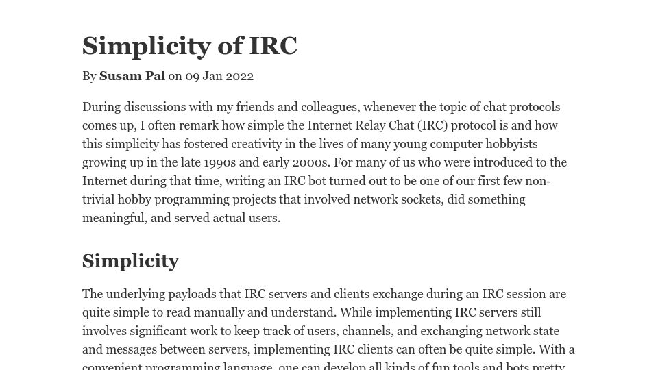 Screenshot of susam.net: Simplicity of IRC (2022)