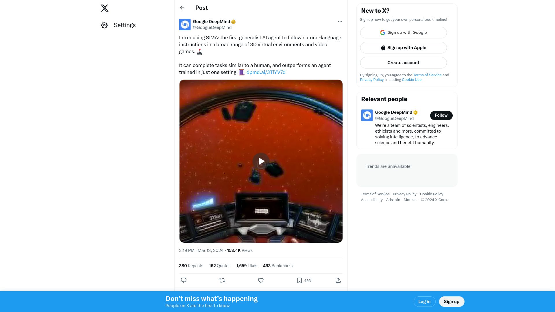 Screenshot of deepmind.google: A generalist AI agent for 3D virtual environments