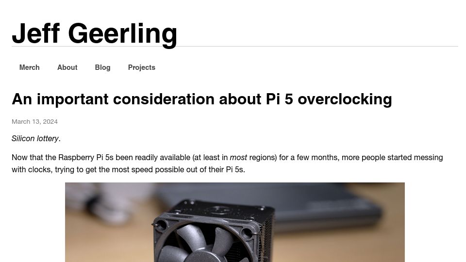 Screenshot of jeffgeerling.com: Pi 5 overclocking: Silicon Lottery