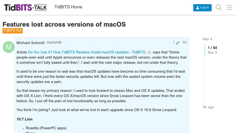 Screenshot of talk.tidbits.com: Features lost across versions of macOS