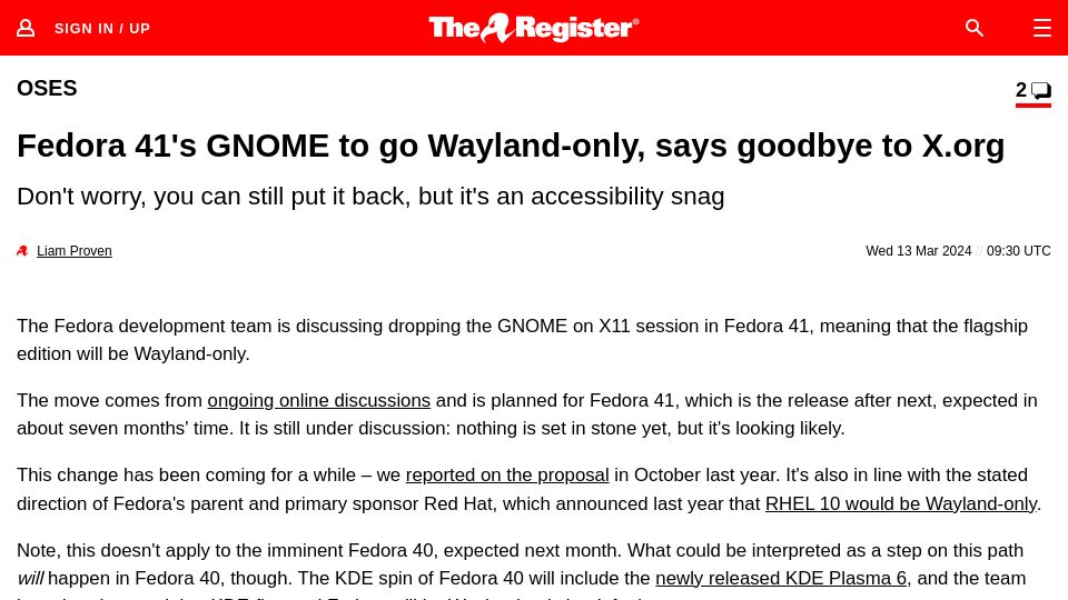 Screenshot of theregister.com: Fedora 41's GNOME to go Wayland-only, says goodbye to X.org