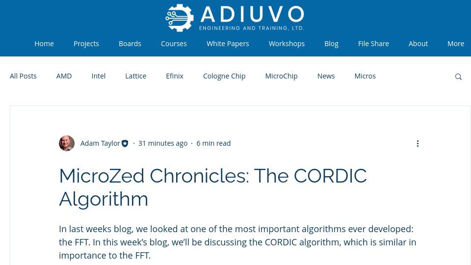 Screenshot of adiuvoengineering.com: The Cordic Algorithm, Theory and FPGA Uses