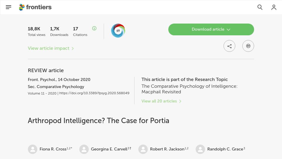 Screenshot of frontiersin.org: Arthropod Intelligence? The Case for Portia (2020)