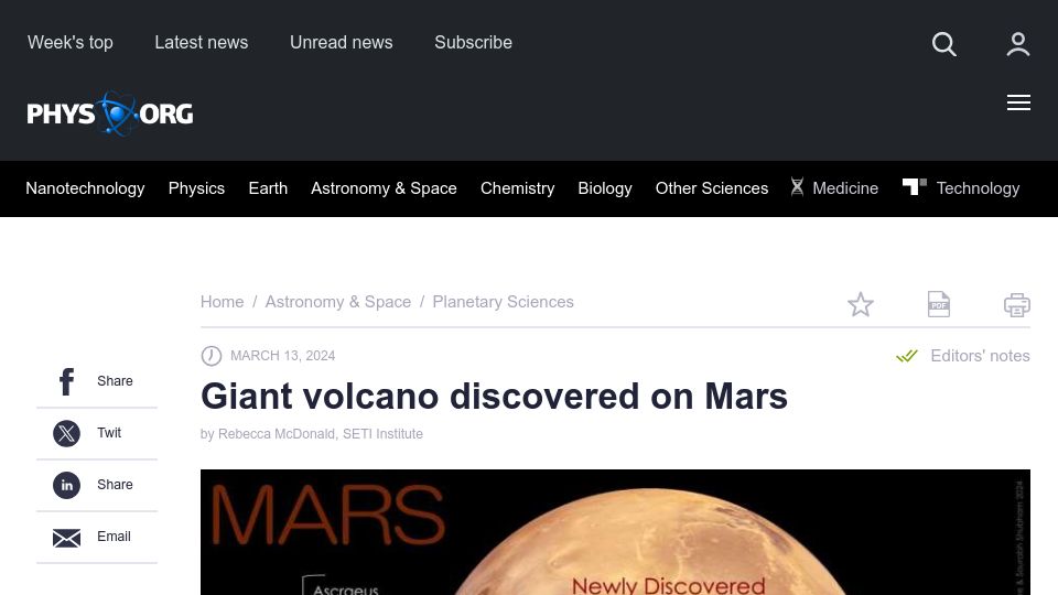 Screenshot of phys.org: Giant Volcano Discovered on Mars