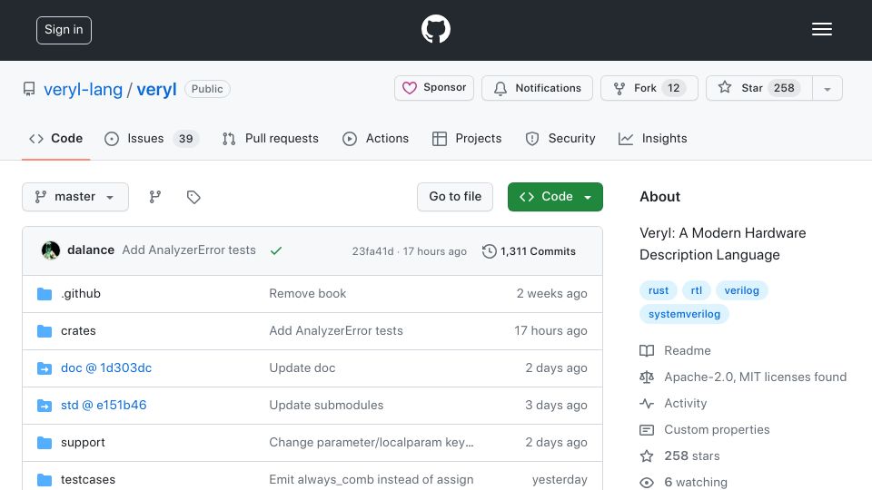 Screenshot of github.com: Veryl: A Modern Hardware Description Language