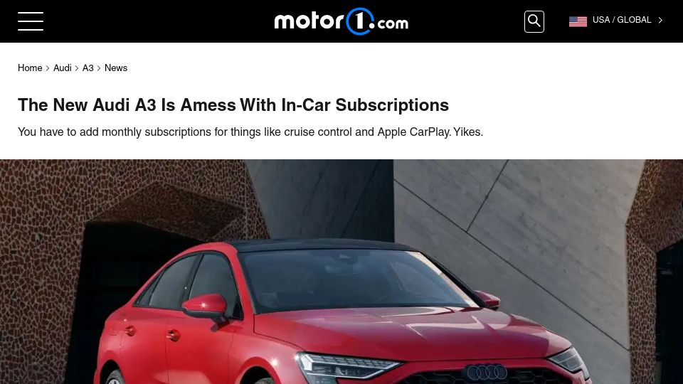 Screenshot of motor1.com: The New Audi A3 Is Amess with In-Car Subscriptions