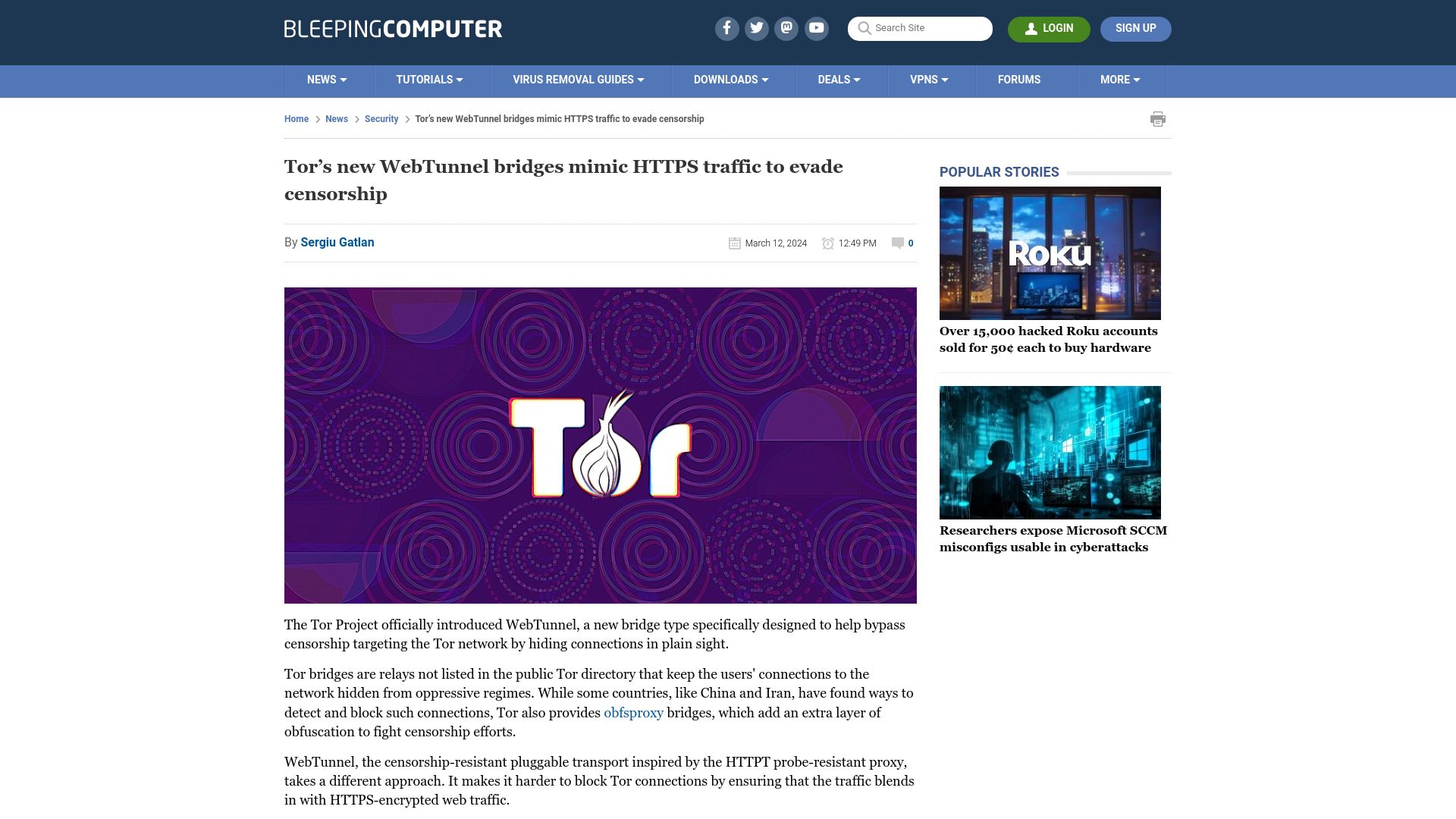 Screenshot of bleepingcomputer.com: Tor's new WebTunnel bridges mimic HTTPS traffic to evade censorship