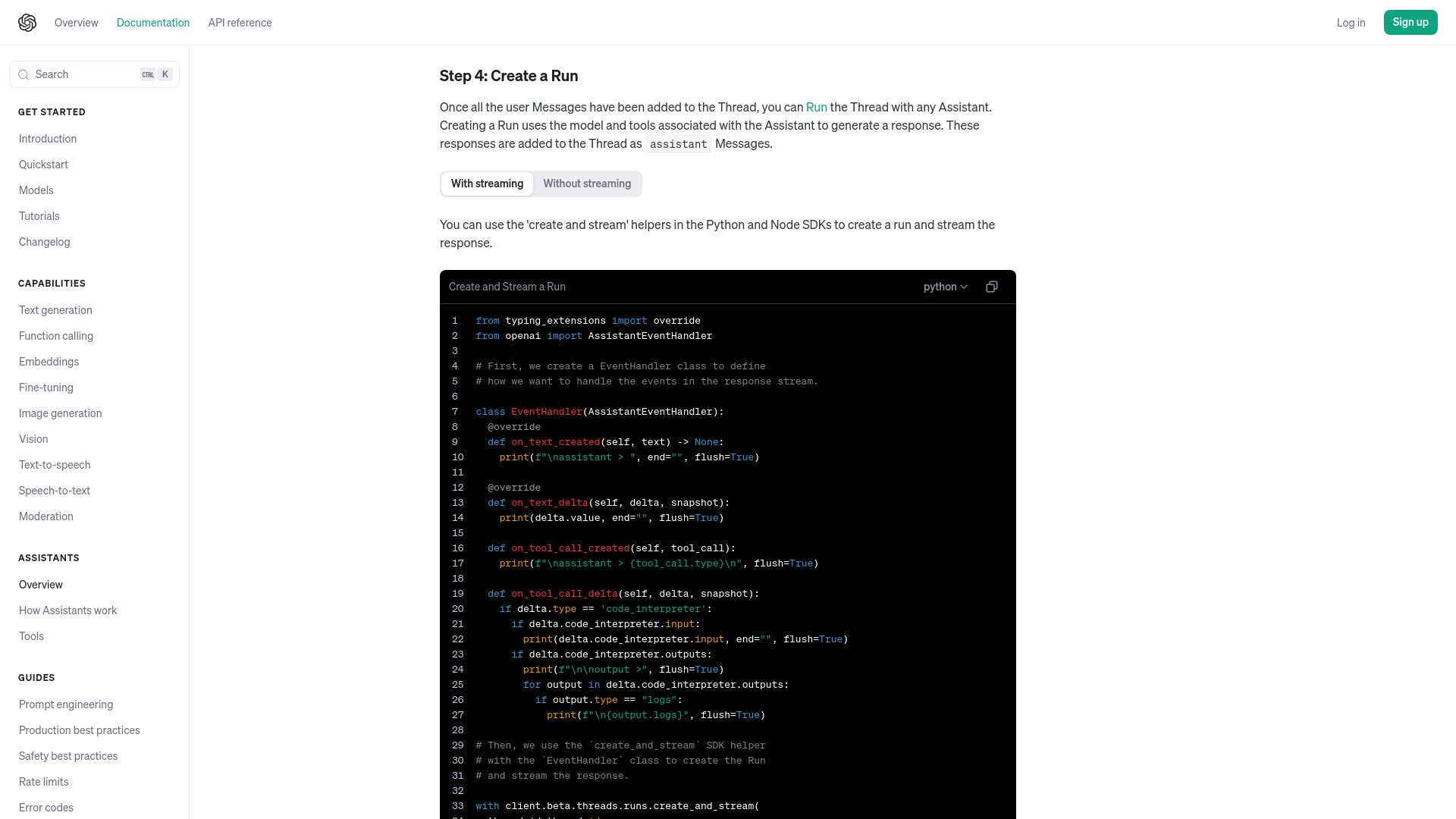 Screenshot of platform.openai.com: OpenAI: Streaming is now available in the Assistants API