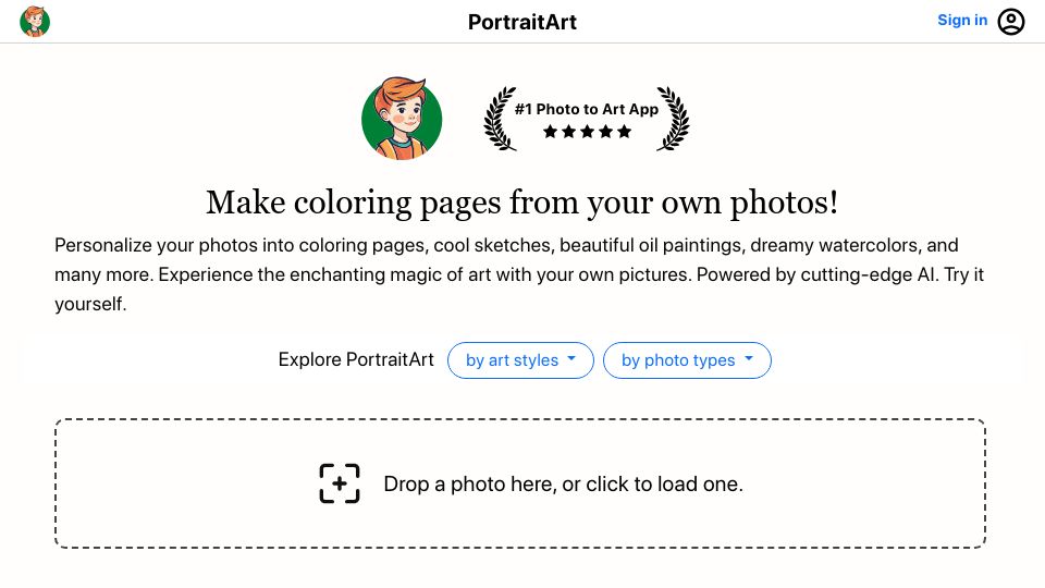 Screenshot of portraitart.app: Show HN: Creating custom coloring pages from photos. Great for parents/teachers