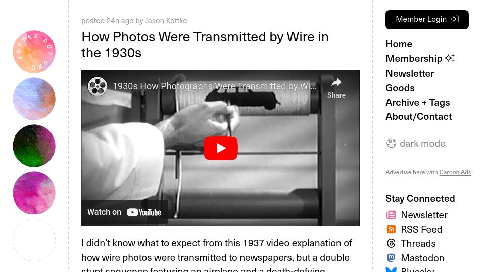 Screenshot of kottke.org: How photos were transmitted by wire in the 1930s