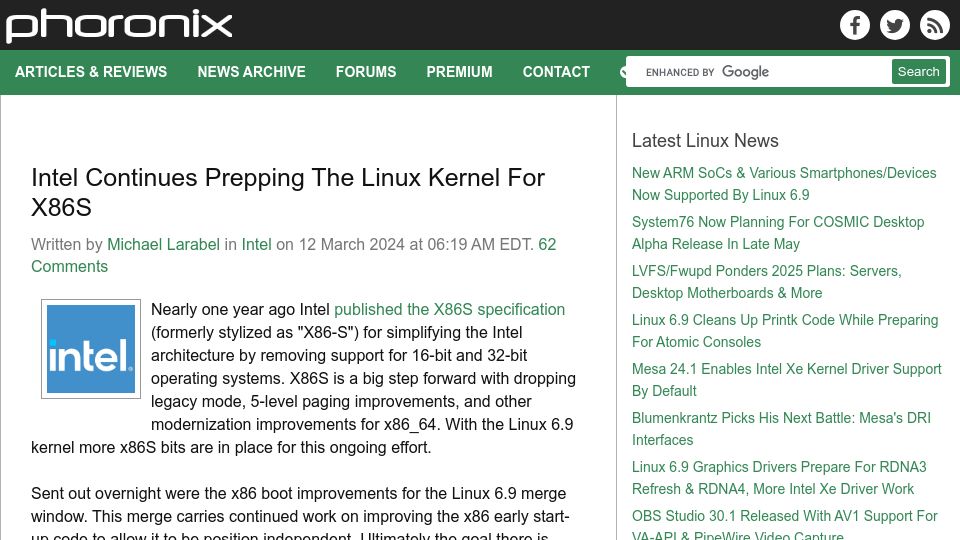 Screenshot of phoronix.com: Intel Continues Prepping the Linux Kernel for X86S