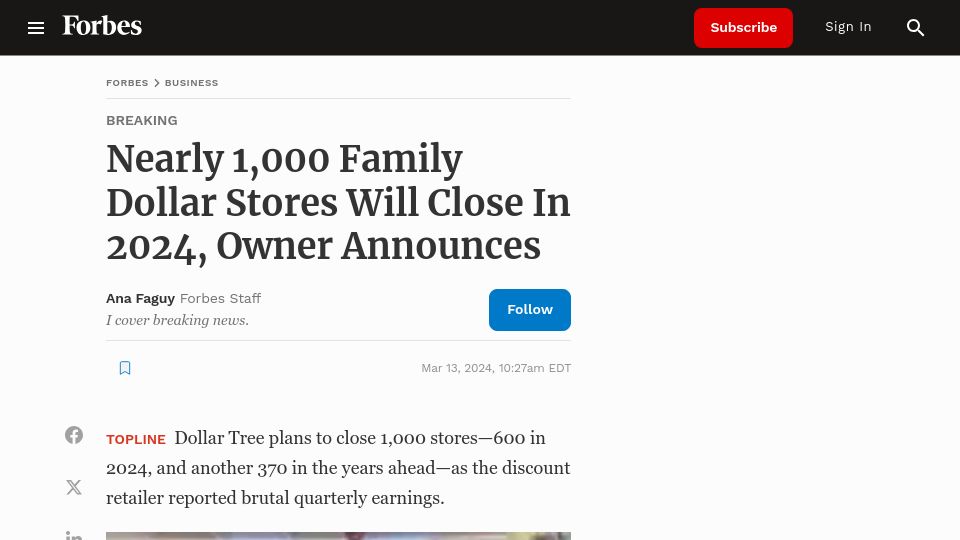 Screenshot of forbes.com: Family dollar to close 1000 stores in 2024