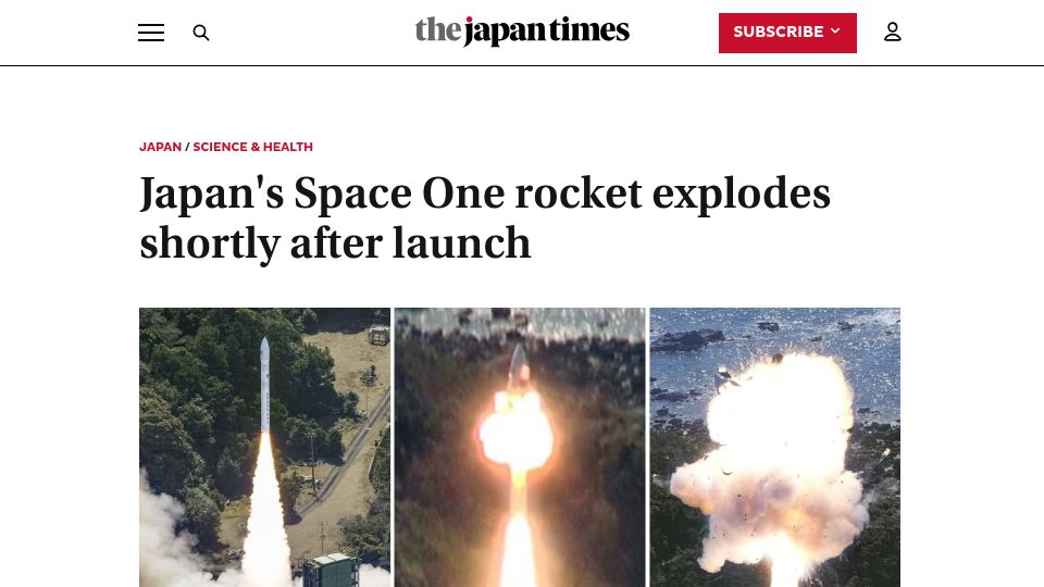 Screenshot of japantimes.co.jp: Japan's Space One rocket explodes shortly after launch