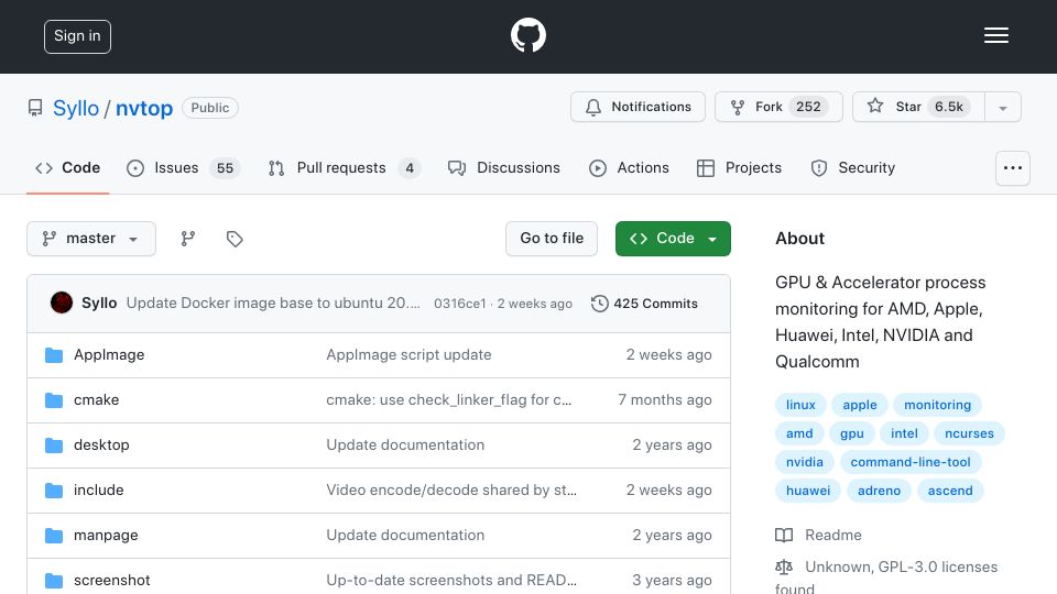 Screenshot of github.com: Nvtop: Linux Task Monitor for Nvidia, AMD and Intel GPUs
