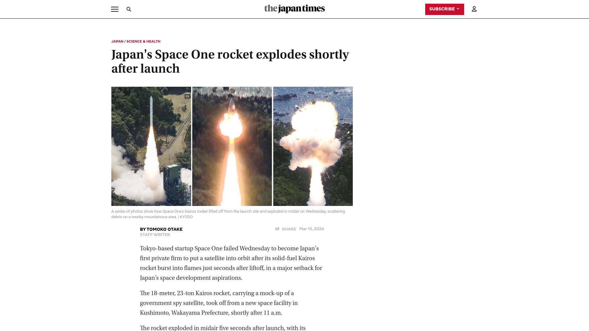 Screenshot of japantimes.co.jp: Japan's Space One rocket explodes shortly after launch