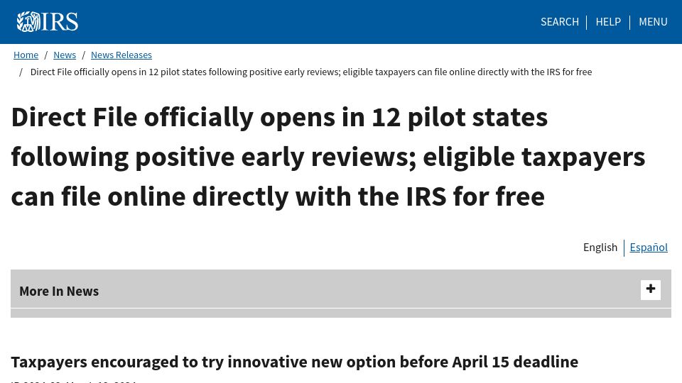 Screenshot of irs.gov: Direct File officially opens in 12 pilot states