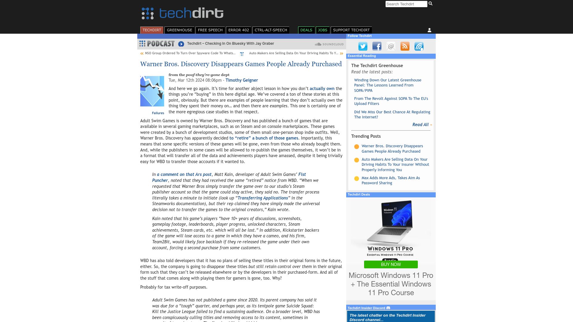 Screenshot of techdirt.com: Warner Bros. Discovery Disappears Games People Already Purchased