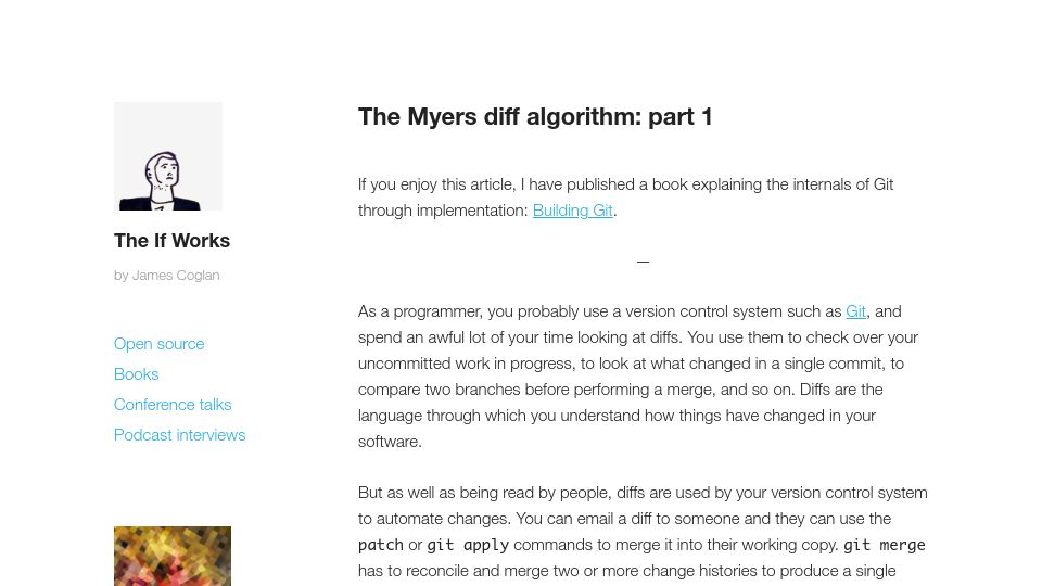 Screenshot of blog.jcoglan.com: The Myers diff algorithm: part 1