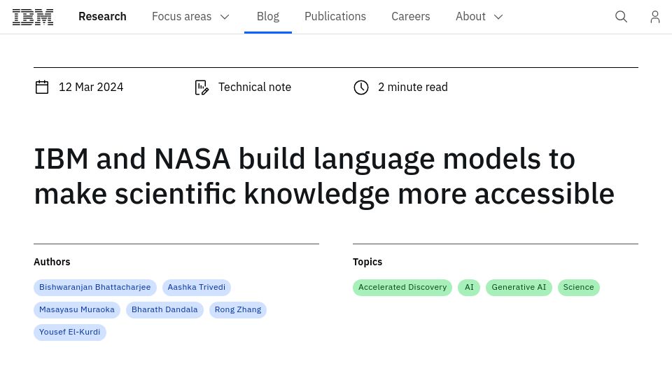 Screenshot of research.ibm.com: IBM and NASA build language models to make scientific knowledge more accessible