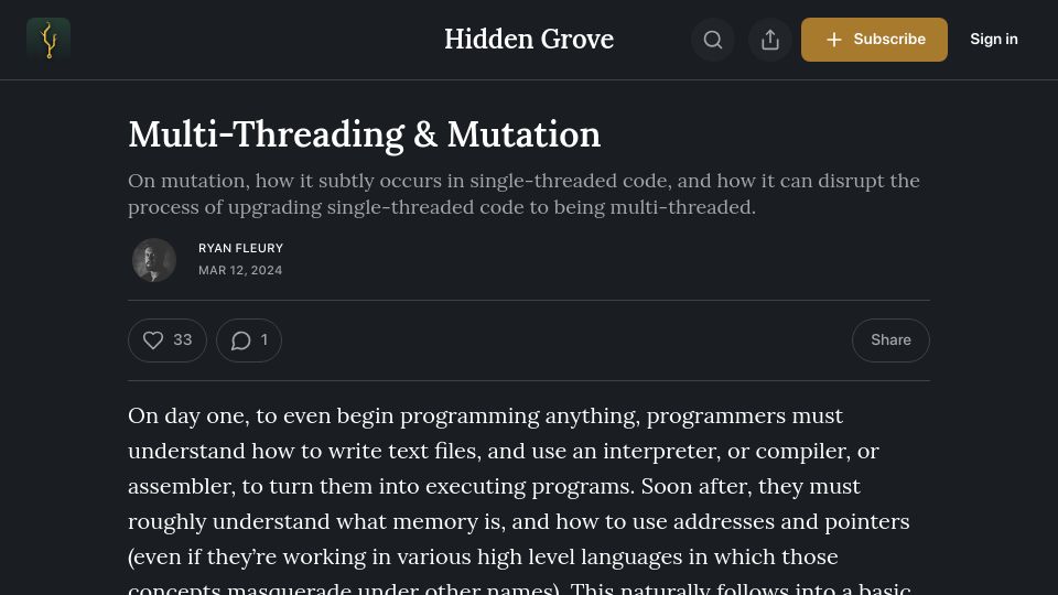 Screenshot of rfleury.com: Multi-Threading and Mutation