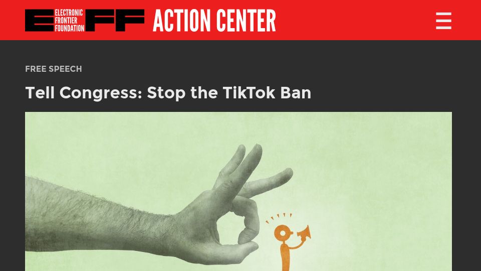 Screenshot of act.eff.org: Tell Congress: Stop the TikTok Ban. Instead, Protect Our Data No Matter Who