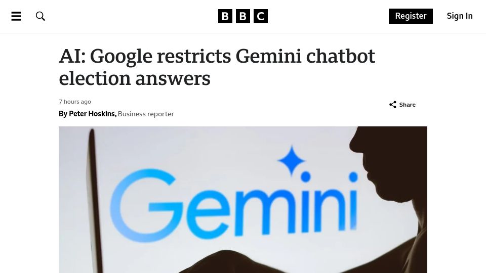 Screenshot of bbc.co.uk: Google restricts Gemini chatbot election answers