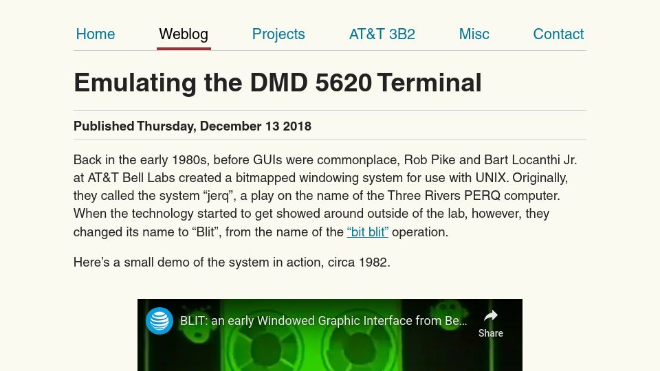Screenshot of loomcom.com: Emulating the DMD 5620 Terminal (2018)
