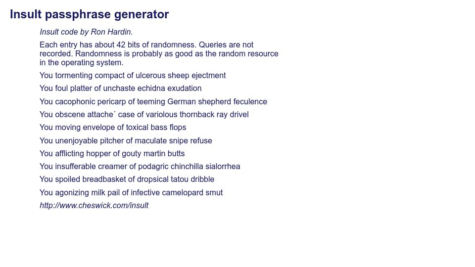 Screenshot of cheswick.com: Insult Passphrase Generator