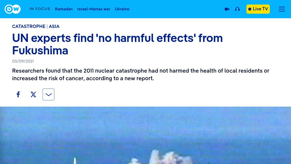 Screenshot of dw.com: UN experts find 'no harmful effects' from Fukushima