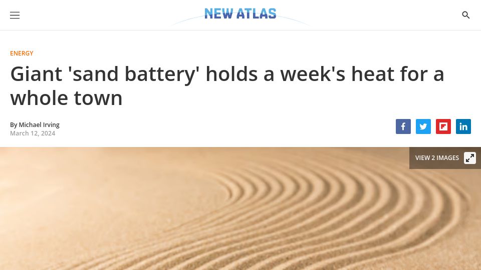 Screenshot of newatlas.com: Giant 'sand battery' holds a week's heat for a whole town