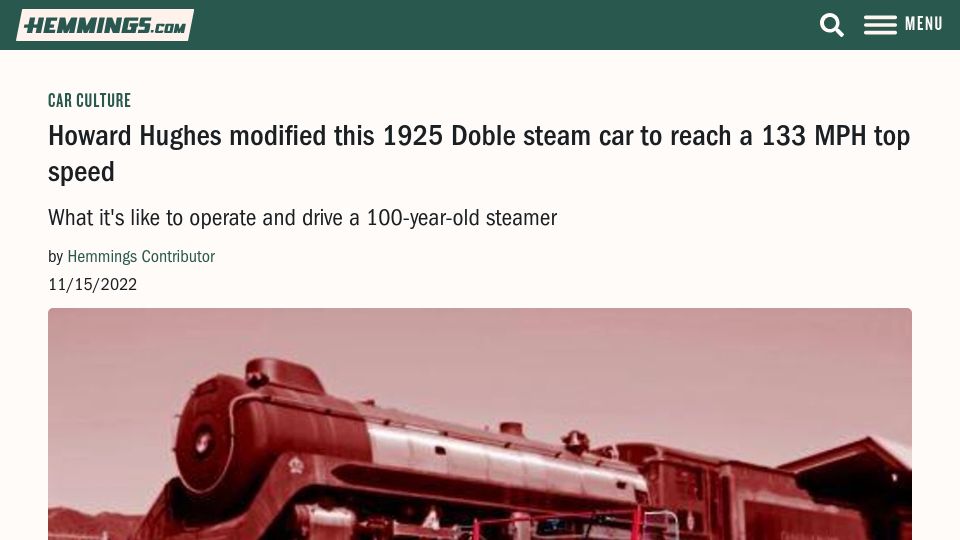 Screenshot of hemmings.com: Howard Hughes modified a 1925 Doble steam car to reach 133 MPH (2022)