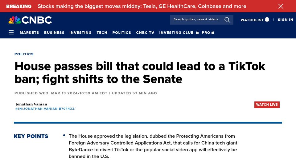 Screenshot of cnbc.com: House passes bill that could lead to a TikTok ban; fight shifts to the Senate
