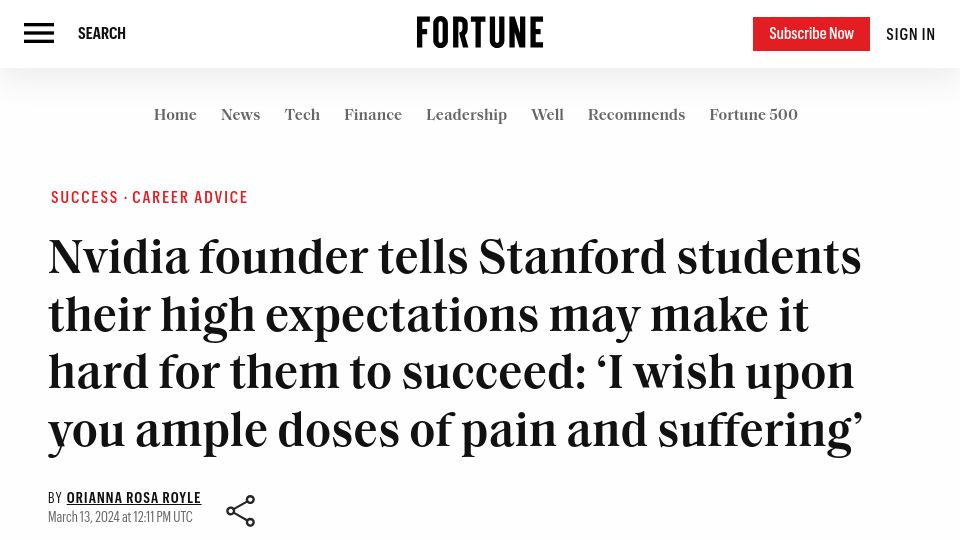Screenshot of fortune.com: Nvidia founder tells Stanford students their high expectations is a hindrance