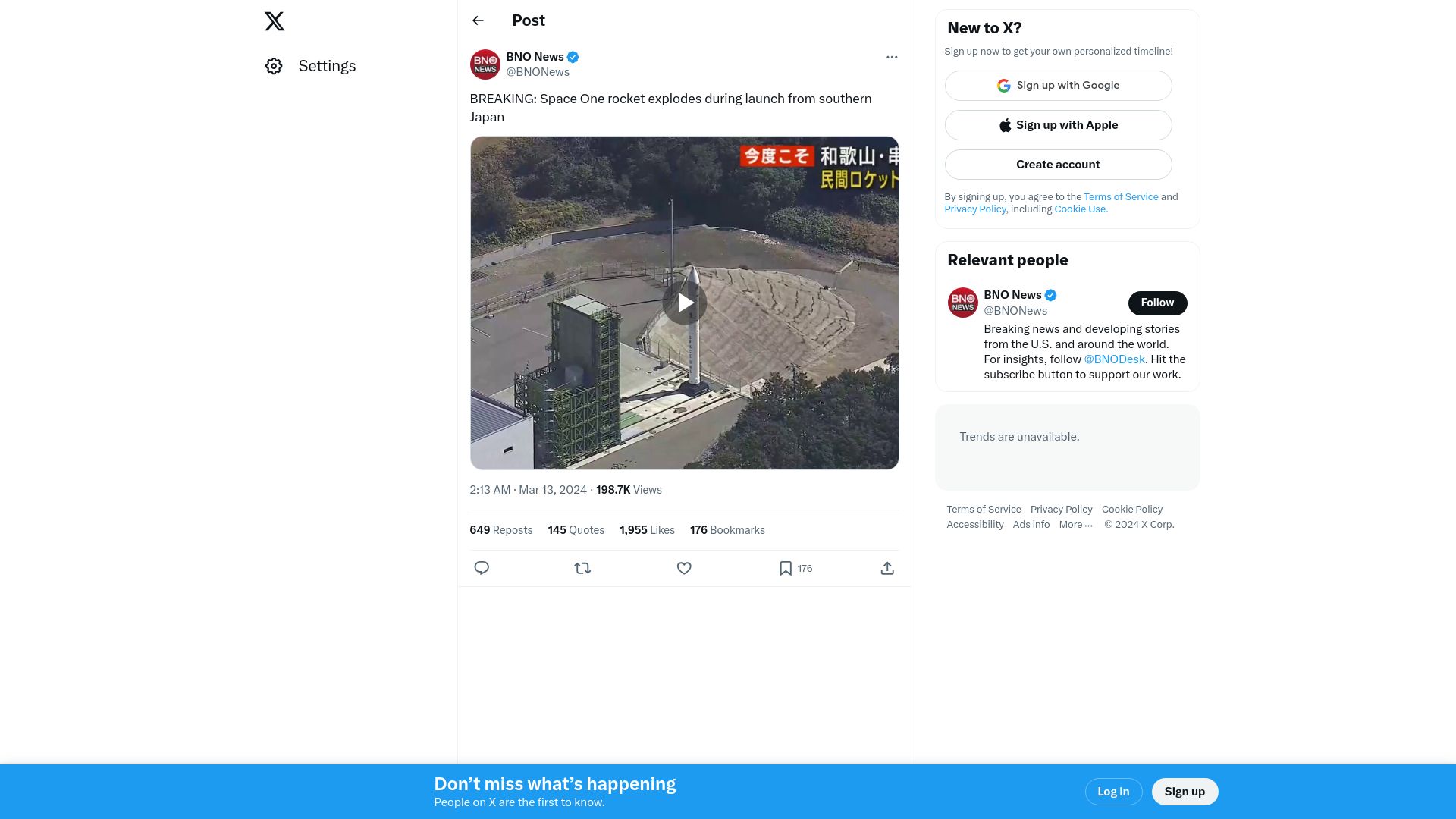 Screenshot of twitter.com: Japan's Space One rocket explodes seconds after liftoff
