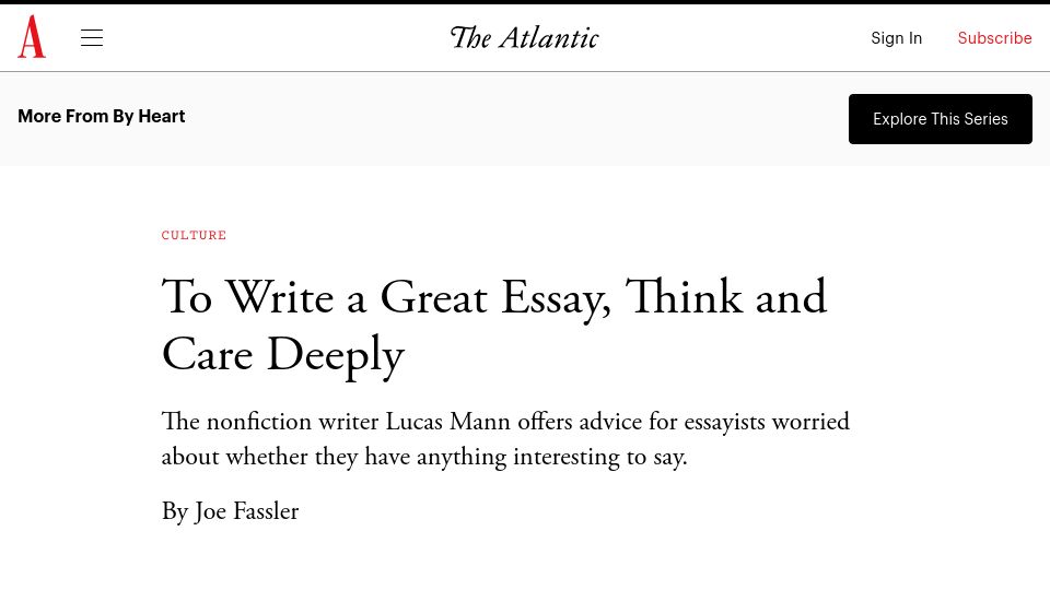 Screenshot of theatlantic.com: To write a great essay, think and care deeply (2015)