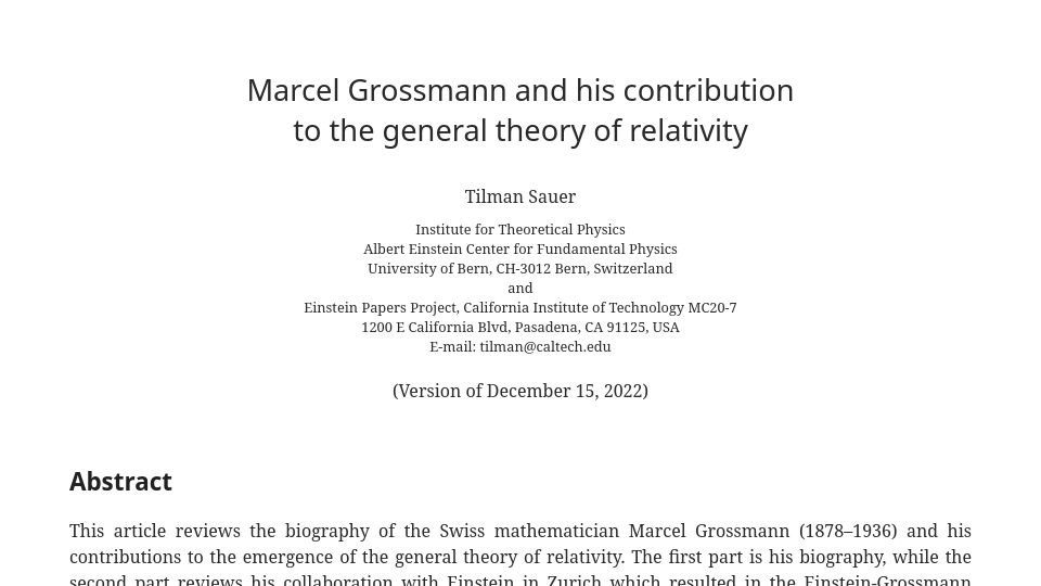 Screenshot of ar5iv.labs.arxiv.org: Marcel Grossmann and his contribution to the general theory of relativity