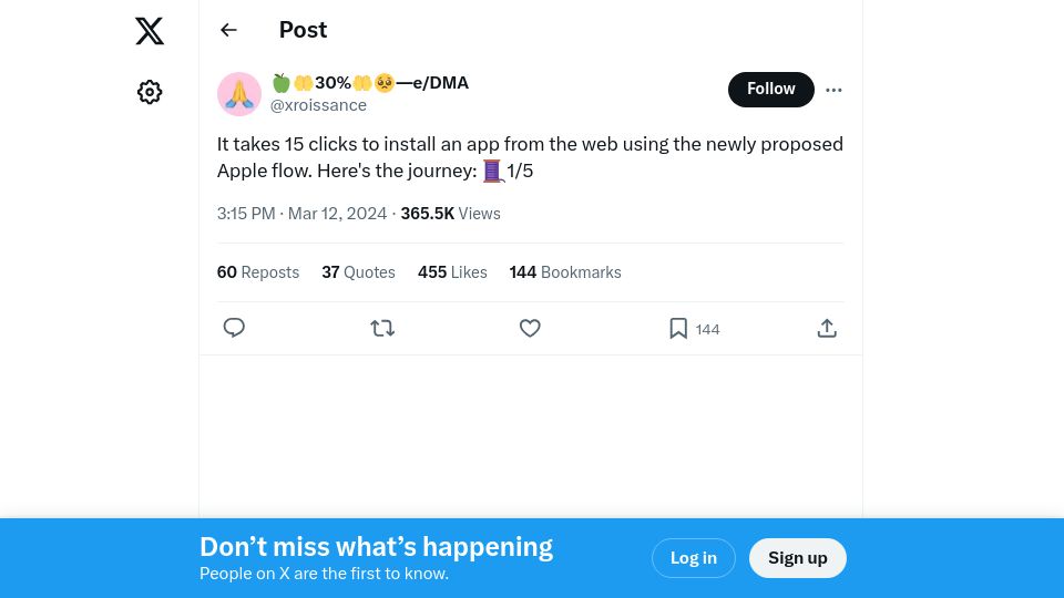 Screenshot of twitter.com: 15 Clicks to install an app from the web using the newly proposed Apple flow