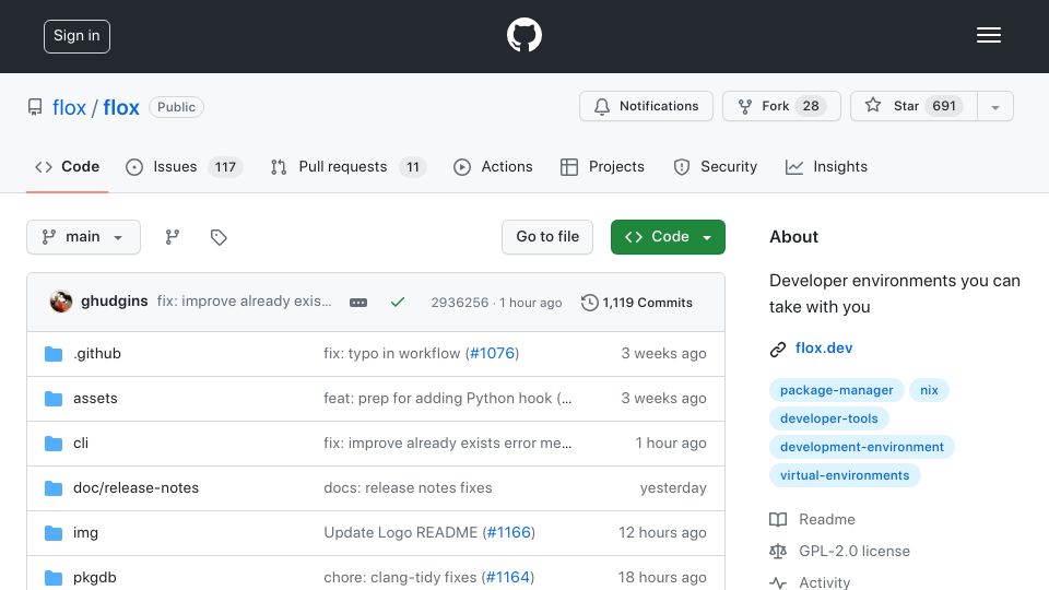 Screenshot of github.com: Show HN: Flox 1.0 – Open-source dev env as code with Nix