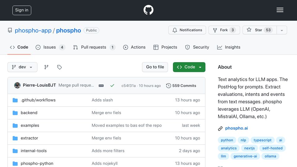 Screenshot of github.com: Show HN: Phospho – Text Analytics for LLM Apps (Posthog for Prompts)