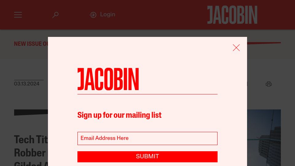 Screenshot of jacobin.com: Tech Titans Are the Robber Barons of Our Gilded Age