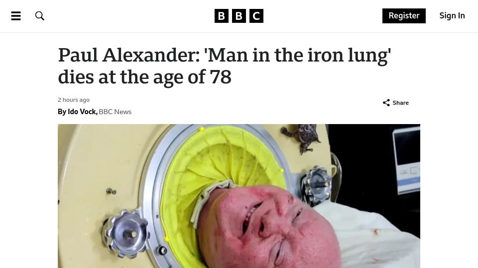 Screenshot of bbc.com: Paul Alexander, ‘the man in the iron lung’, has died