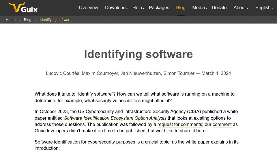 Screenshot of guix.gnu.org: Identifying Software